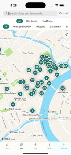 Japan route map with numbered landmark stops in the app