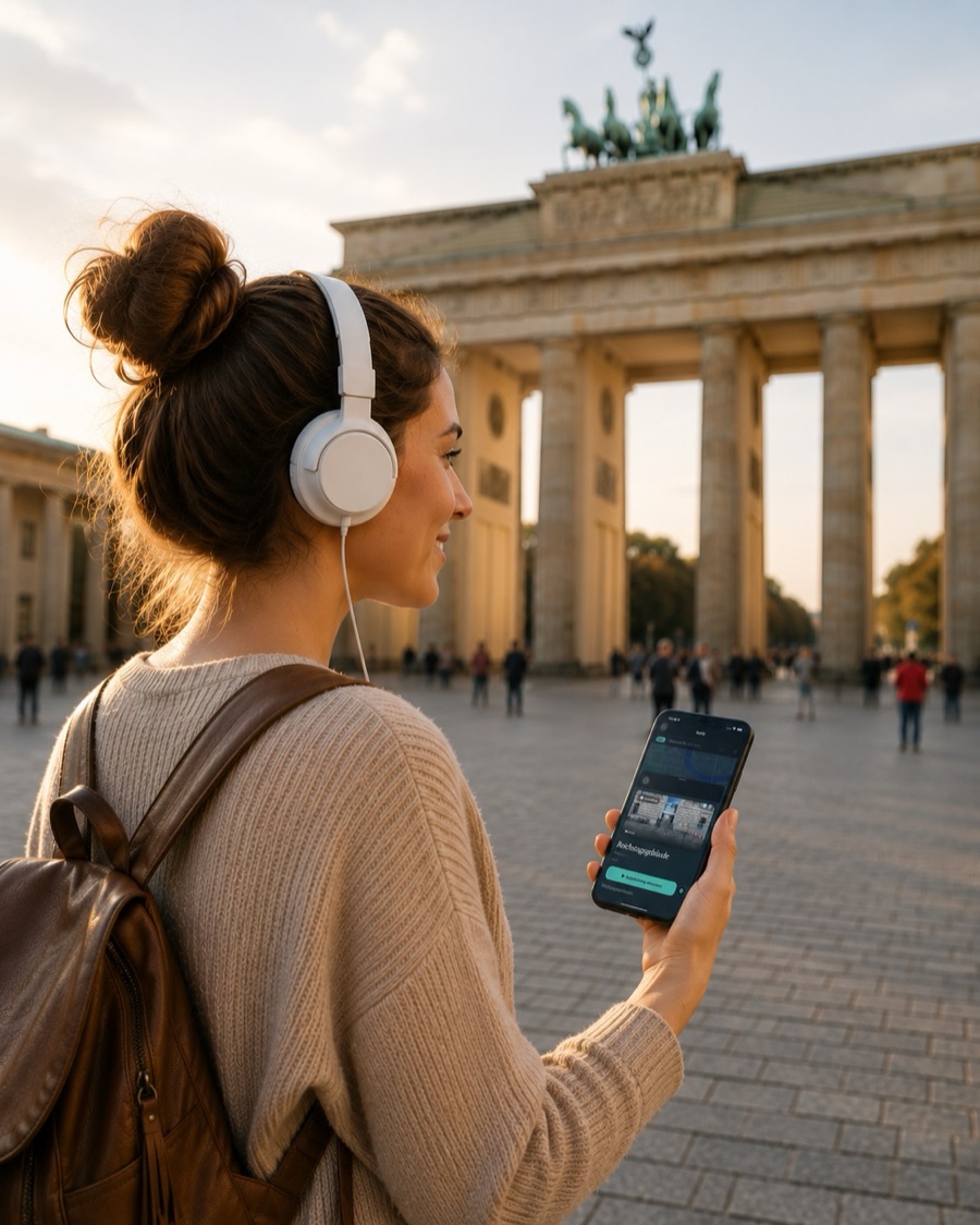 A traveller in headphones at the Brandenburg Gate in Berlin, a TourTour story open on her phone