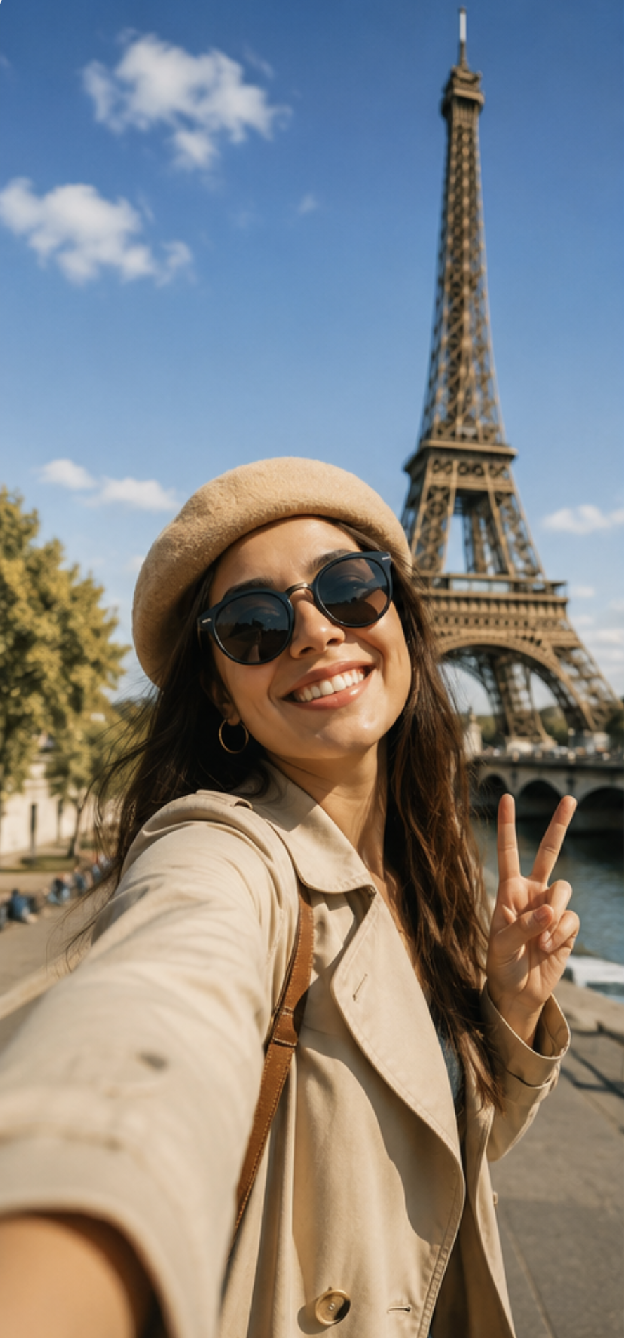 A traveller taking a selfie with the Eiffel Tower behind her