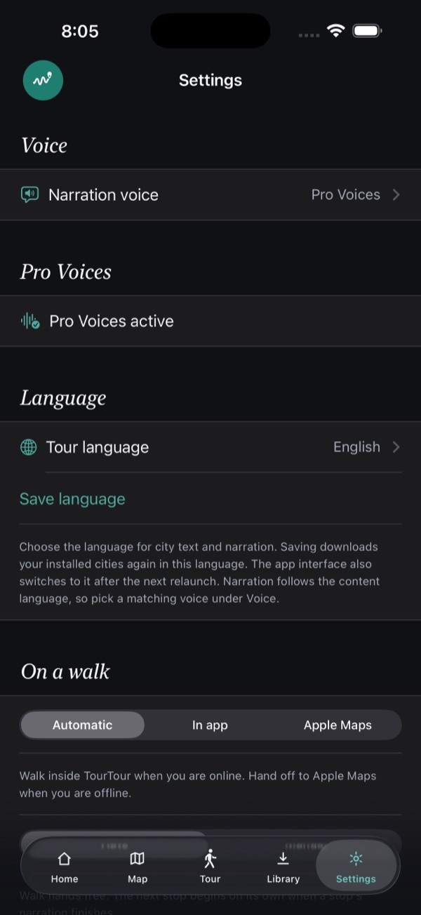 TourTour settings with the tour language set to English, the narration voice set to Pro Voices, and Pro Voices active