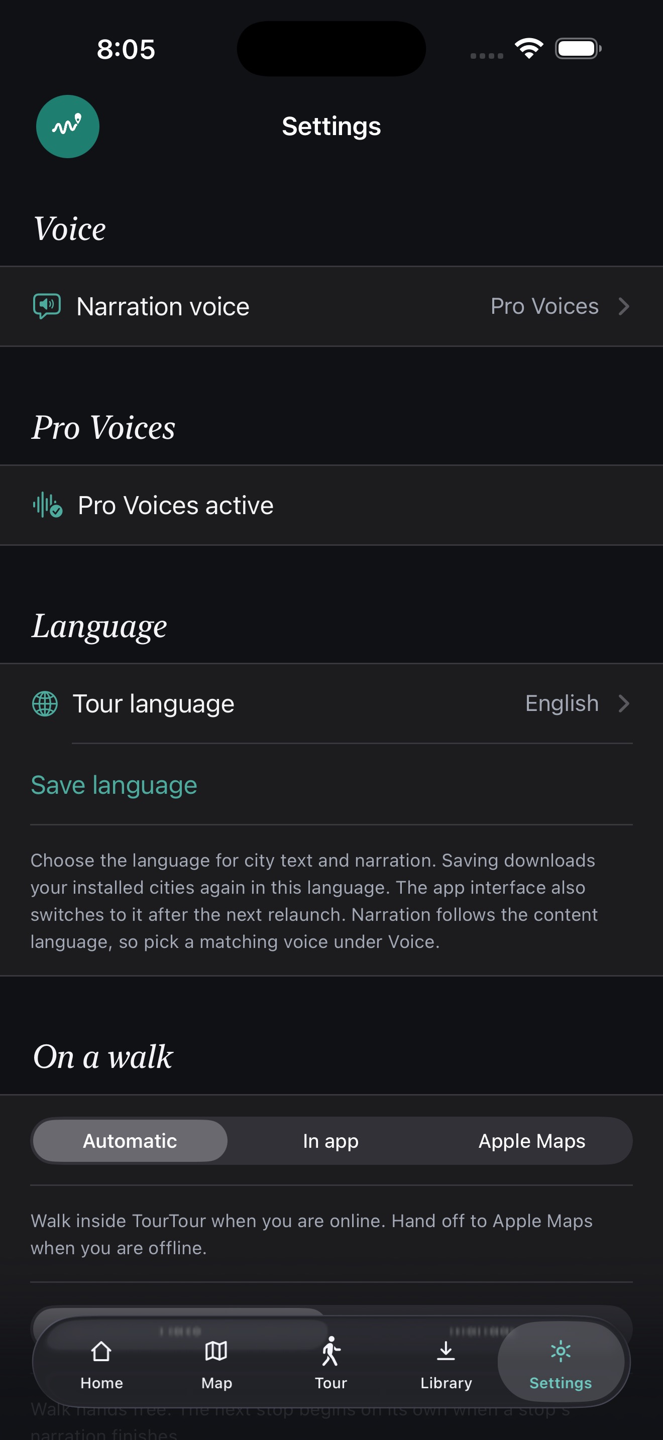 TourTour settings with the tour language set to English, the narration voice set to Pro Voices, and Pro Voices active