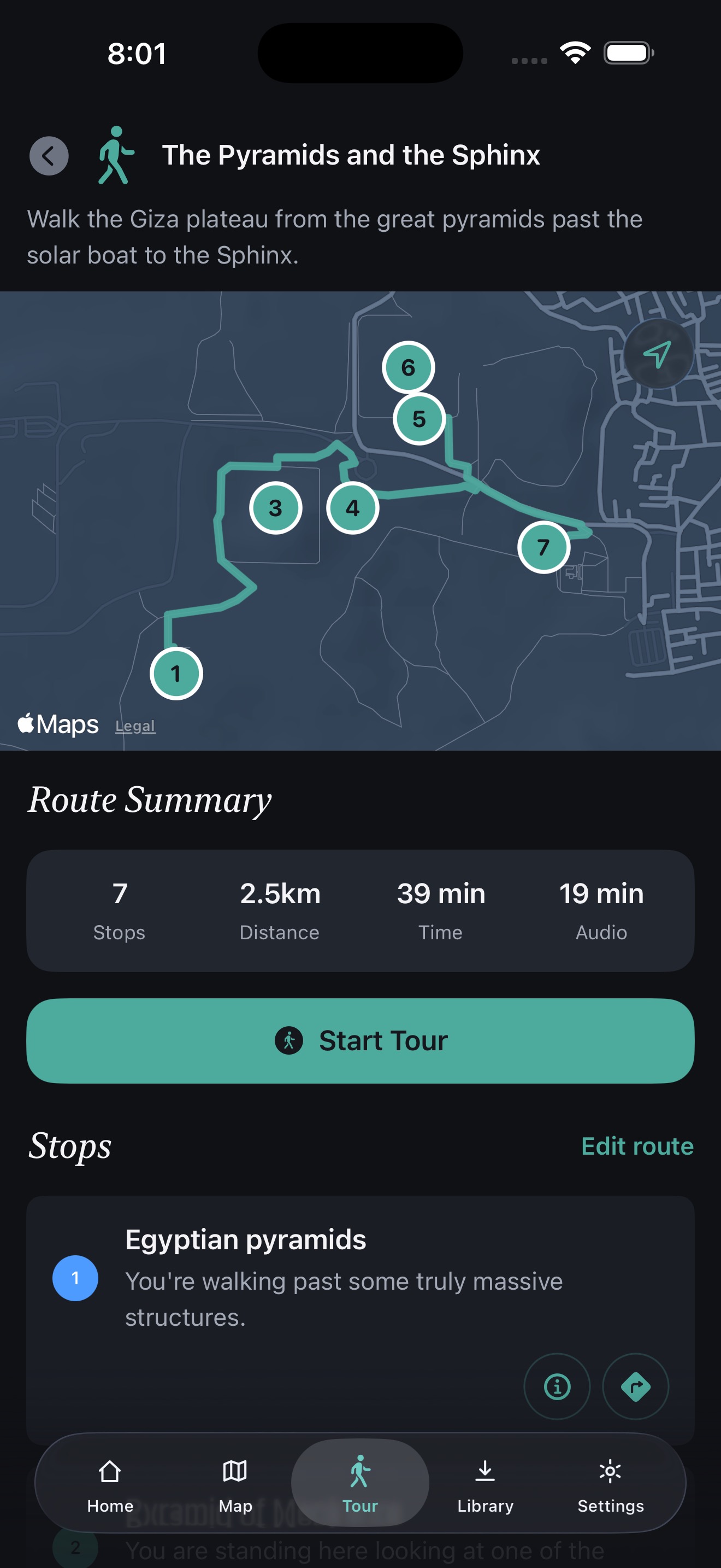A TourTour route summary for The Pyramids and the Sphinx, seven stops over 2.5 km, with a Start Tour button