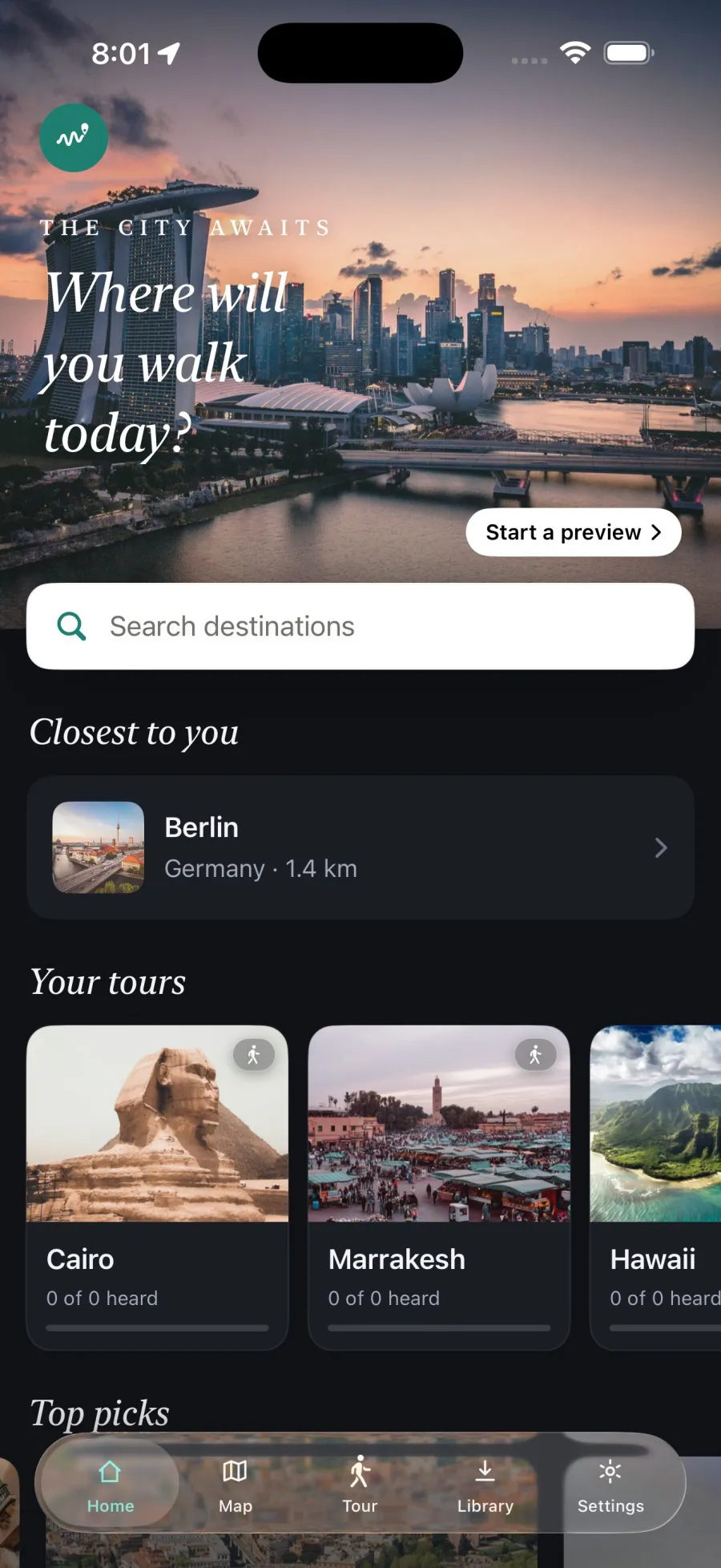 TourTour home screen, where will you walk today