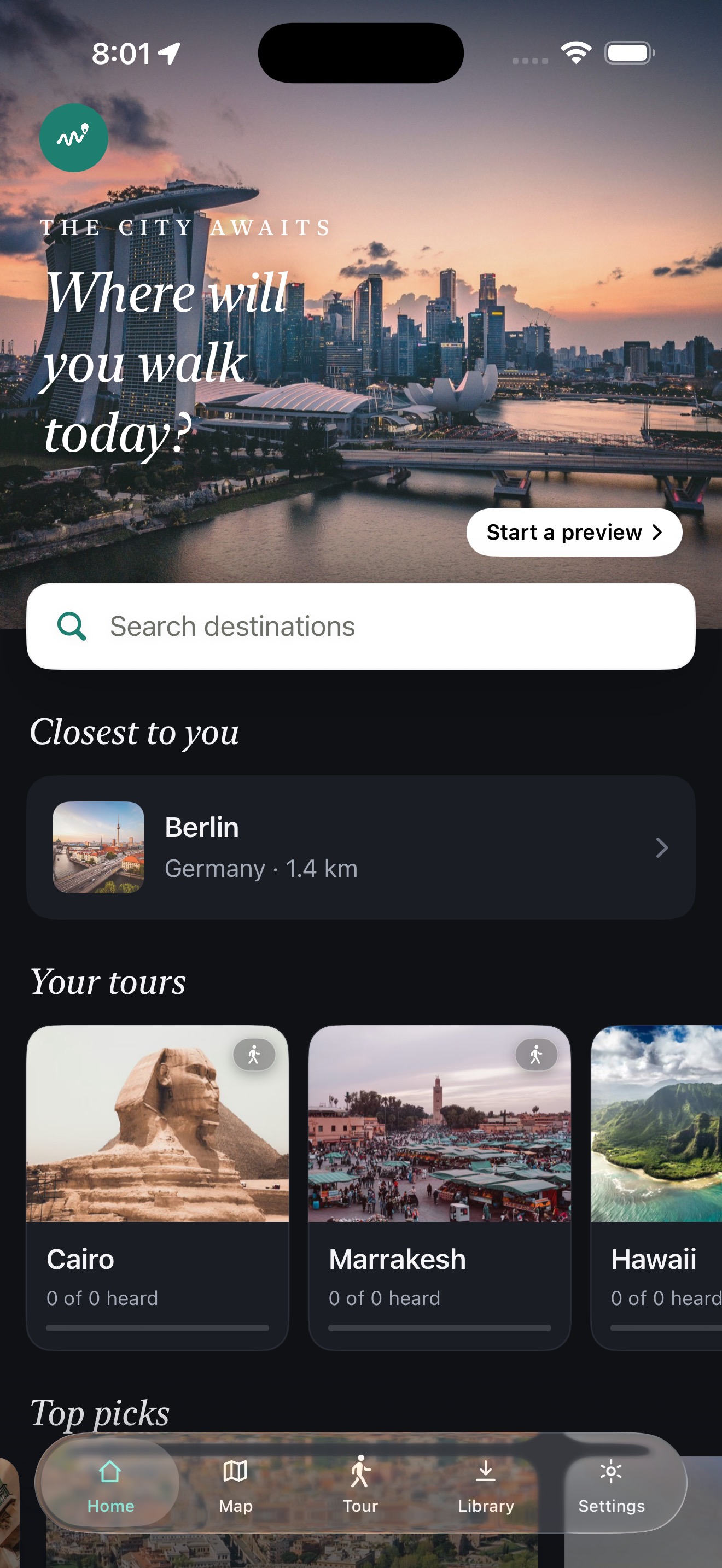 Der TourTour Startbildschirm mit der Frage, wohin du heute gehst, mit Zielsuche und Empfehlungen wie Tokio und London