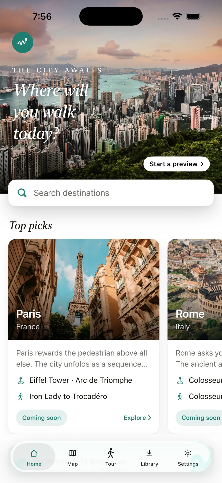 The TourTour home screen asking where will you walk today