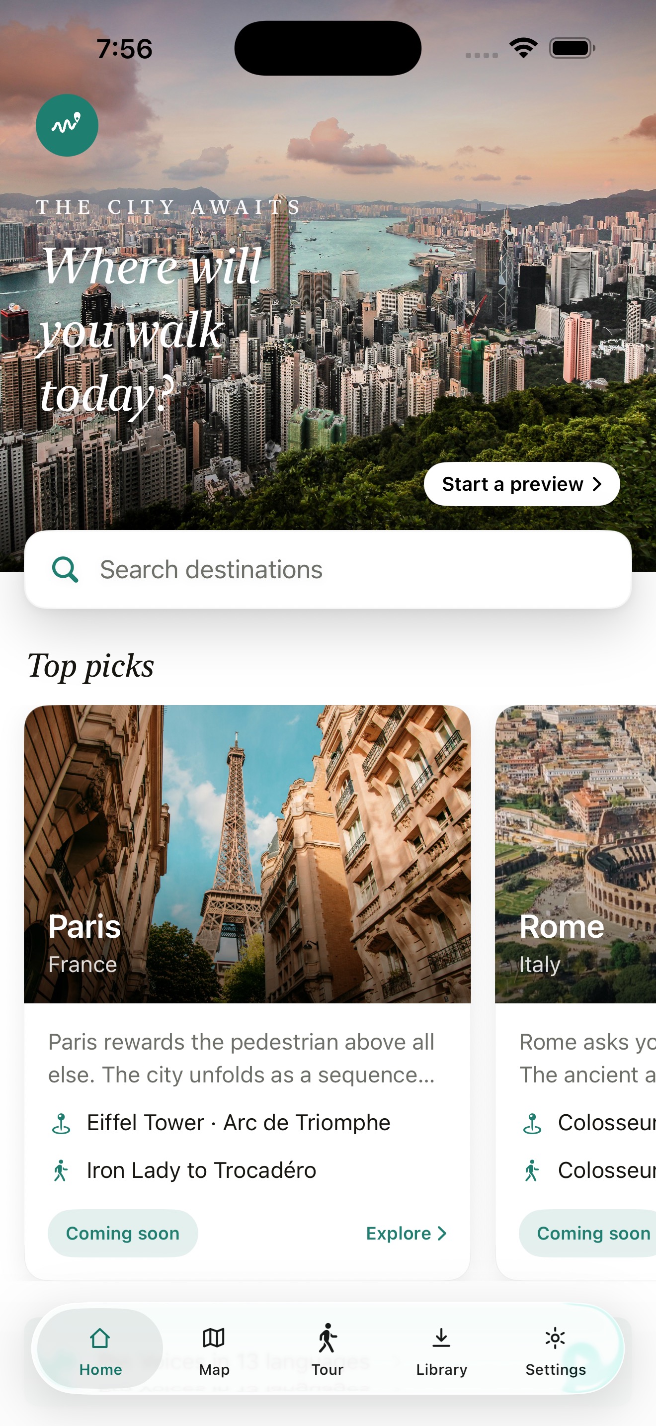 The TourTour home screen asking where will you walk today, with a destination search and top picks like Paris and Rome