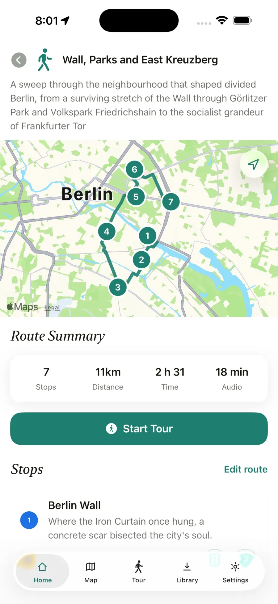 Map with landmark stops on a route