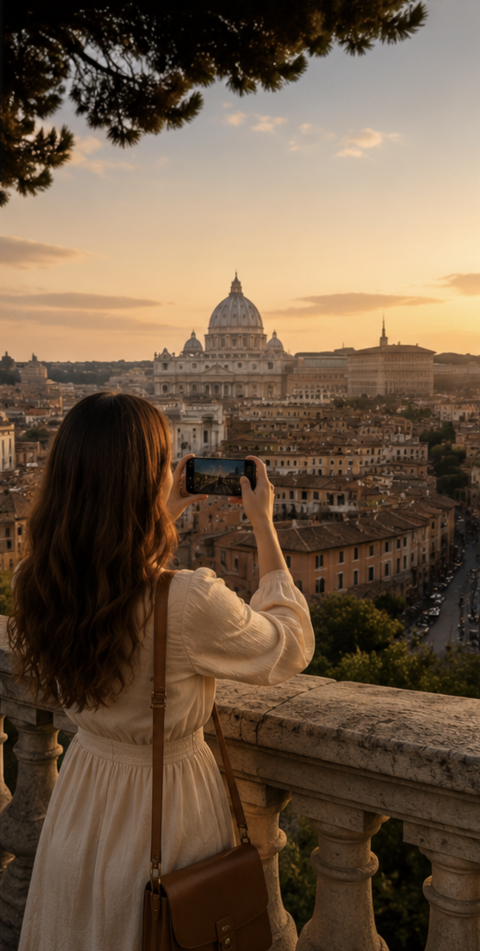 A traveller at a vantage point above Rome, framing the dome on her phone